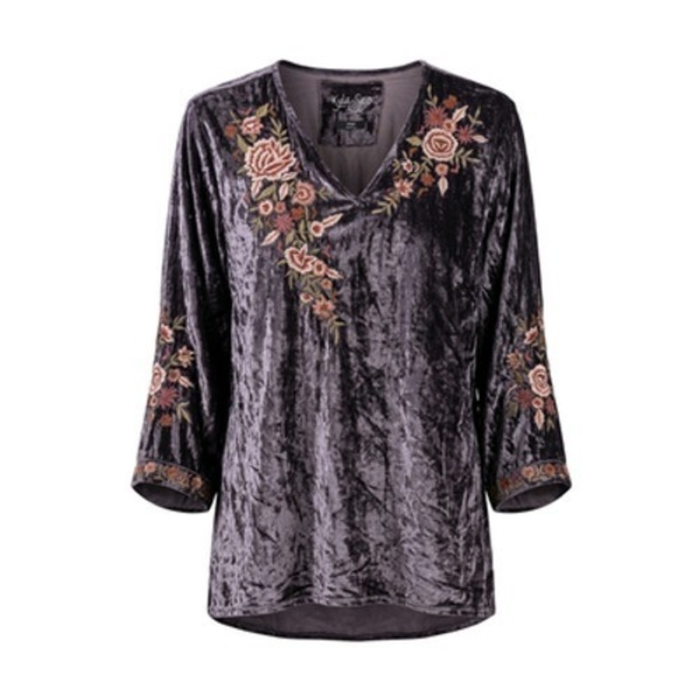 Kyla Seo Velvet Tunic Top Women L Gray Embroidery Floral Boho Romantic Whimsical